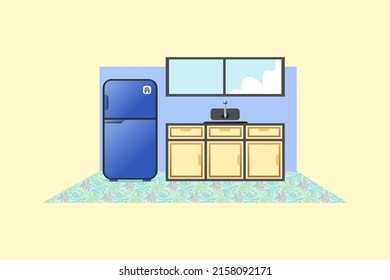 Illustration of kitchen interior with refrigerator, sink, window, stove, and cabinet 