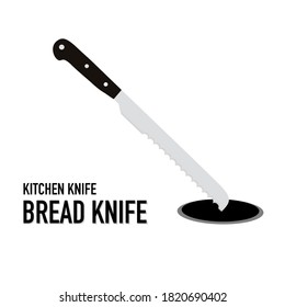 Illustration of kitchen knife, bread knife and text name of type. Isolated on white background 
