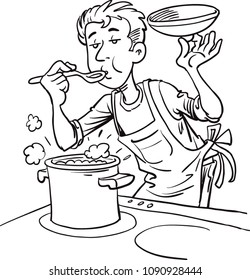 Illustration of a kitchen with a man cooking
