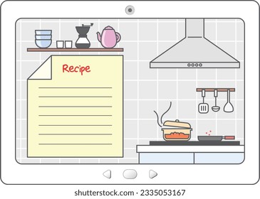 Ilustración de una cocina con un tablero de memo para escribir recetas.