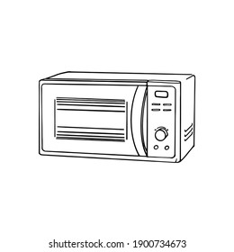 Illustration of the kitchen microwave. Hand-drawn black line illustration of a microwave oven. For home, cafe, restaurant and coloring. Isolated on white background household appliances.