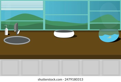 illustration of a kitchen with a mountain view, washing dishes and an aquarium