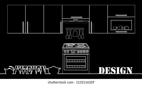 Illustration of a kitchen on a black background. Original design of the kitchen. An unusual inscription of the word kitchen.