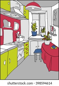 illustration of kitchen with pink and green colors