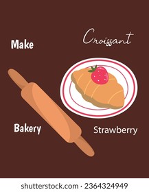 Illustration with Kitchen Rolling Pin And Strawberry Croissant