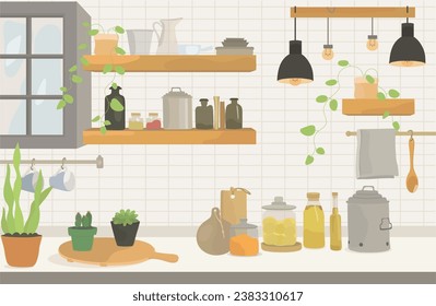 Illustration of kitchen Scandinavian interior. Cartoon kitchen vector background with kitchen tools, shelves for dishes, table and flowers.