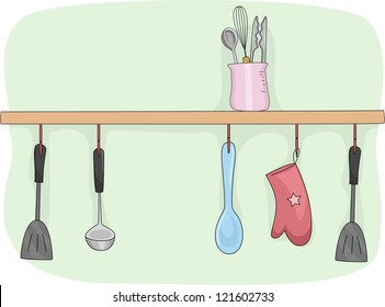 Illustration of a Kitchen Shelf Filled with Cooking Tools