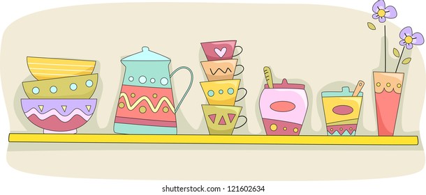 Illustration of a Kitchen Shelf Holding Cups, Bowls, a Pitcher, and Other Tableware