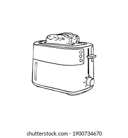 Illustration of a kitchen toaster with 2 slices of bread. Hand-drawn black line toaster illustration.For coffee shop, cafe, restaurant and coloring pages. Isolated on white background electric toaster