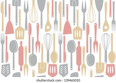 Illustration of kitchen utensils and cutlery, seamless pattern