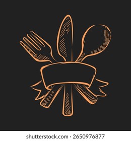 Illustration of kitchen utensils including a fork, knife, and spoon holding a ribbon on black.