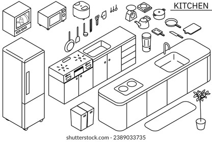 Illustration of kitchen utensils needed for new life, simple isometric, black and white, Vector Illustration