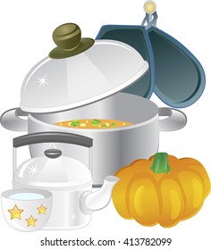 Illustration of kitchen utensils with vegetable.