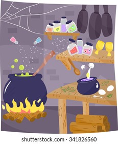 Illustration of the Kitchen of a Witch with a Potion Brewing in the Corner