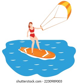 illustration of kite surfing woman takes part at kite surfing modern design vector