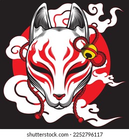 Ilustración Máscara de Kitsune o Máscara de Fox de Japón. Rojo, blanco, negro.