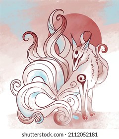 illustration with kitsune, nine tailed fox, on rough texture