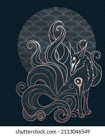illustration with kitsune, nine tailed fox, black and gold