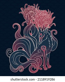 illustration with kitsune, nine tailed fox, with flowers