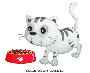 Illustration of a kitten about to eat food