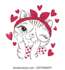 illustration of kitten with bow on her head and red hearts