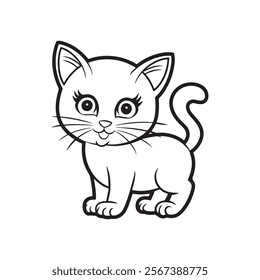 Illustration of a kitten, lineartbof cartoon cat or kitten.  Vector illustration isolated on white background. For printable children's and adults coloring page or book, kids toddler activity.