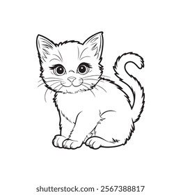 Illustration of a kitten, lineartbof cartoon cat or kitten.  Vector illustration isolated on white background. For printable children's and adults coloring page or book, kids toddler activity.