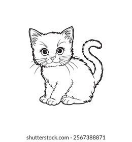 Illustration of a kitten, lineartbof cartoon cat or kitten.  Vector illustration isolated on white background. For printable children's and adults coloring page or book, kids toddler activity.