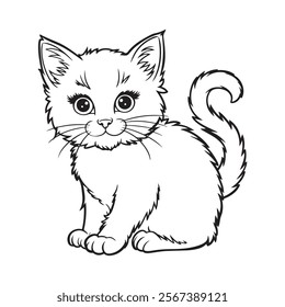 Illustration of a kitten, lineartbof cartoon cat or kitten.  Vector illustration isolated on white background. For printable children's and adults coloring page or book, kids toddler activity.