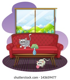 Illustration of the kittens playing inside the house on a white background