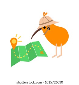 Illustration with a kiwi bird in a pith helmet with a travel route and destination on a map