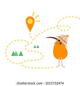 Illustration with a kiwi bird in a pith helmet near the crossroads chooses a direction for research