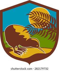 Illustration of a kiwi bird viewed from the side, set inside shield crest with moon fern and mountain in the background, done in retro style. 