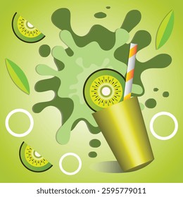 Illustration of a kiwi juice splash in a green theme. The design features a kiwi slice, a juice cup with a straw, and abstract splash effects, creating a refreshing and energetic visual.