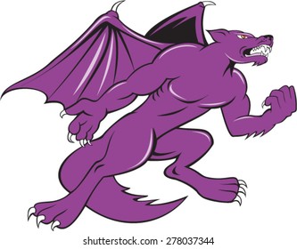 Illustration of kludde, a mythical monster with body of a wild dog with bat wings viewed from side clenching fist on isolated bakcground done in cartoon style.