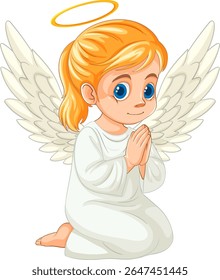 Illustration of a kneeling angel with golden hair, blue eyes, and a halo. Soft colors and smooth vector lines enhance the serene expression