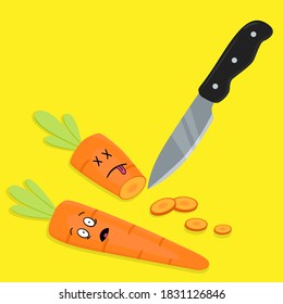 An illustration with knife and carrots cartoon character with slice of fright and surprise emotion, concept of food in kitchen.