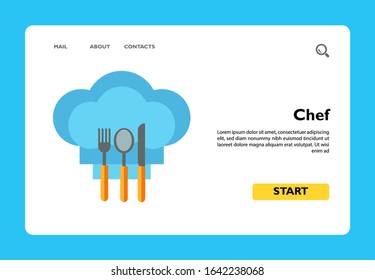 Illustration of knife, fork and spoon on chef hat. Cutlery, utensils, restaurant, cafe, cooking. Cafe concept. Can be used for topics like gastronomy, cooking, restaurant, signboards