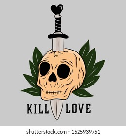 illustration of a knife pierced skull with a love shaped handle