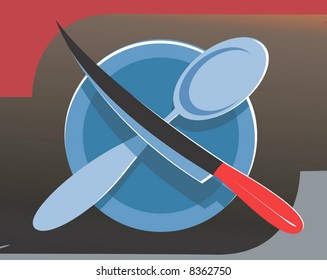 Illustration of a knife and spoon in a plate