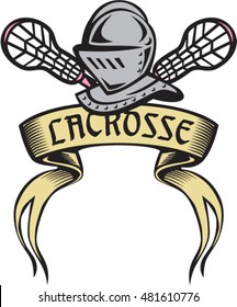 Illustration of a knight armor helmet with crossed lacrosse stick set on isolated white background the word text Lacrosse written in ribbon. 

