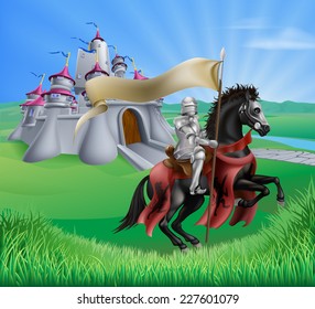 An illustration of a knight with a banner on his horse and a fantasy fairytale medieval castle in a landscape of rolling hills 