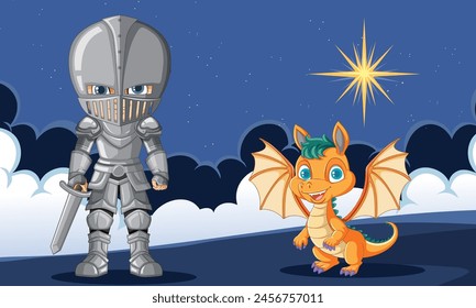 Illustration of a knight and dragon on a moonlit night.