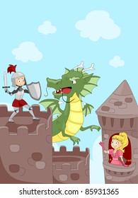 Ilustración de un caballero luchando contra un dragón