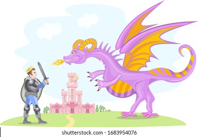 illustration of a knight fighting a dragon to save a princess