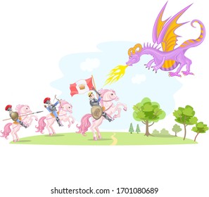 illustration of a knight fighting a dragon to save a princess