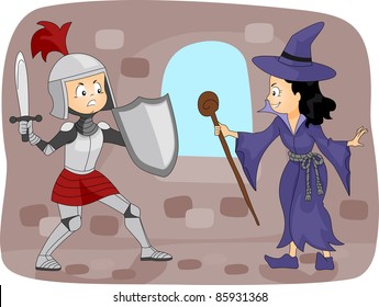 Illustration of a Knight Fighting a Witch