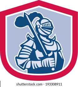 Illustration of knight in full armor brandishing a sword set inside a shield crest done in retro style.