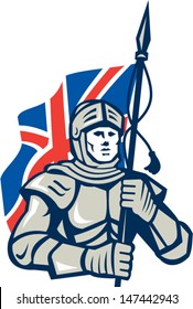 Illustration of knight in full armor with British Union Jack flag facing front done in retro style on isolated white background.