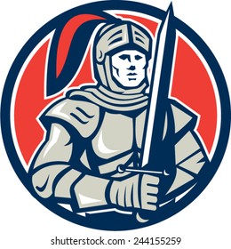 Illustration of knight in full armor holding sword facing front set inside circle on isolated background done in retro style.